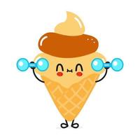 Cute funny ice cream character with dumbbells. Vector hand drawn cartoon kawaii character illustration icon. Isolated on white background. ice cream character gym concept