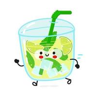 lindo y divertido mojito corriendo. icono de ilustración de personaje kawaii de dibujos animados dibujados a mano vectorial. aislado sobre fondo blanco. ejecuta el concepto de mojito vector