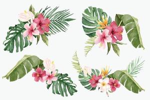 Watercolor Bouquets of Tropical Flowers and Exotic Leaves vector
