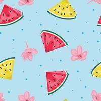 Watermelon seamless pattern. Seamless pattern with red and yellow watermelon on blue background. For textile, paper, wrapping paper, packaging. Vector pattern.