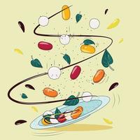 Caprese salad in cartoon line style. Cherry tomatoes and mozzarella cheese balls falling on the plate. Dynamic illustration. Vector cartoon illustration for cards, banners, menu and backgrounds.