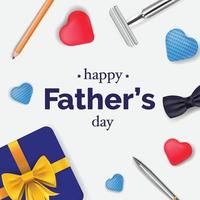 Happy Father's Day illustration. Template for Father's Day with a razor, neck bow, hearts, metal pen, pencil and a blue gift box. Vector realistic illustration.