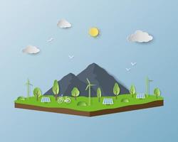 Isometric landscape with nature and eco friendly,save the environment conservation concept on paper art style vector