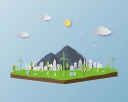 Eco friendly and save the environment conservation concept, isometric landscape with white city on paper art background vector