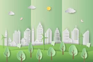 Eco friendly and save the environment conservation concept with clean city on paper art style vector