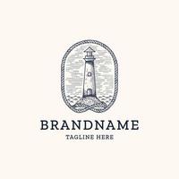 Lighthouse with rope logo design template. Hand drawing, engraving, vintage, retro - Vector