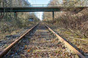 ferrocarril antiguo y rústico con hojas secas y pastos durante el otoño foto