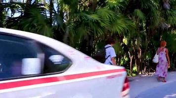 Tulum Mexico 02. February 2022 Typical colorful street road traffic cars palms of Tulum Mexico. video