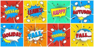 8 Lettering Autumn In The Speech Bubbles Comic Style Flat Design. Dynamic Pop Art Vector Illustration Isolated On Rays Background. Exclamation Concept Of Comic Book Style Pop Art Voice Phrase.