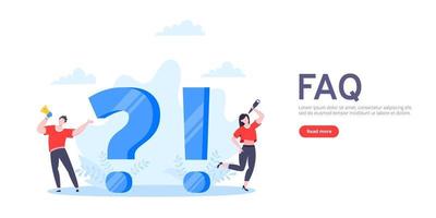 Q and A or FAQ concept with tiny people characters, big question and exclamation mark, frequently asked questions template. vector