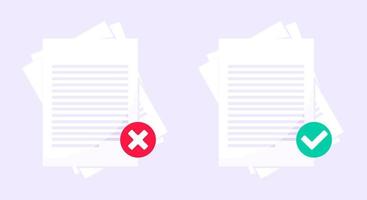 Rejected and approved claim or credit loan form, paper sheets flat style design vector illustration.