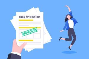 Hand holds loan approval application paper sheets document. vector