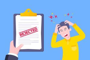 Sad man and an clipboard with rejected application form flat style design vector illustration.