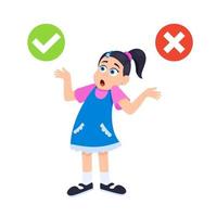 Little doubt girl between right and wrong check marks flat style design vector illustration isolated on white background.