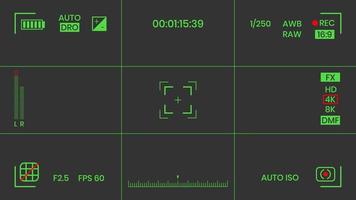 Camera viewfinder night vision video or photo frame recorder flat style design vector illustration. Digital camera viewfinder with exposure settings and focusing grid template.