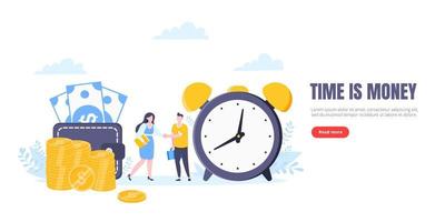 Time is money or saving money business concept. Tiny people shaking hands between money and clock symbols. vector