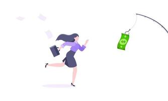 Money chase business concept with businesswoman running after dangling dollar