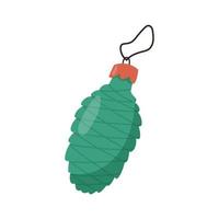 Cute Christmas ornament for tree in shape of pine cone, flat vector illustration isolated on white background. Winter holidays celebration concept.