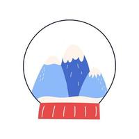 lindo y mágico globo de nieve con montaña dentro, simple ilustración vectorial plana aislada en fondo blanco. juguete de navidad tradicional dibujado a mano. vector