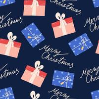 Cute Christmas seamless pattern with gift boxes and hand drawn text, flat vector illustration on white background. Great for wrapping paper or textile.