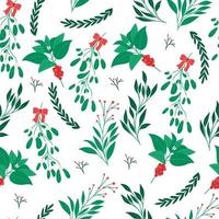 Winter flowers and plants seamless pattern, flat vector illustration on white background. Elegant Christmas botany, great for wrapping paper.