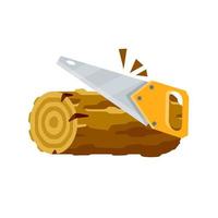 Saw cuts wood. Tool of lumberjack. Rural object. Yellow saw. vector