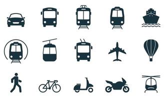 conjunto de iconos de silueta de transporte de vehículos, aire, ferrocarril, bicicleta, motocicleta. símbolo de glifo de coche, autobús, tranvía, tren, metro, avión y barco. señal de la estación de parada de transporte público. ilustración vectorial aislada. vector