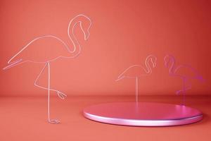 3D podium with flamingo. Abstract minimal rim showcase for product promotion. photo