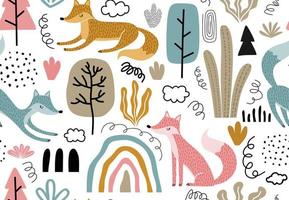 Seamless pattern with foxes and leaf. vector