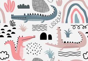 Childish seamless pattern with crocodile. vector