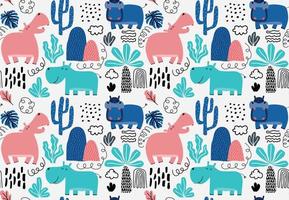 hand drawn seamless pattern with cute hippos vector