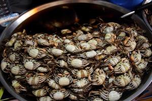 Green Tidal Crabs preserve by fish sauce are on tray for selling in Thailand . photo