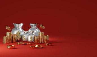 3D Rendering concept of money treasury, casino winning bonus coins background. Rain coins with money bags with space for commercial text on red background. 3D Render. 3D illustration. photo