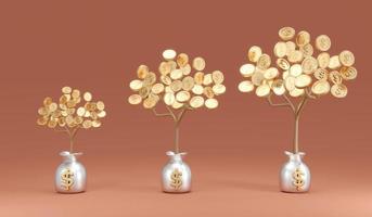 3D Rendering of money tree arrange small to big on money bag on background concept of financial investment, financial growth photo