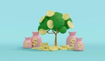 3D Rendering concept of investment. Trees with coins falling down from with money bag on background. 3D Render. photo
