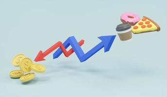 Representación 3d que apunta hacia abajo del gráfico del dinero y sube del gráfico del concepto de alimentos de estanflación precio más alto de los productos básicos pero la tasa de inflación es alta foto