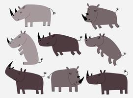 Set of cute cartoon rhino in modern simple flat style. vector