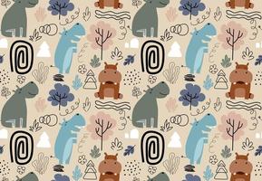 hand drawn seamless pattern with cute hippos vector