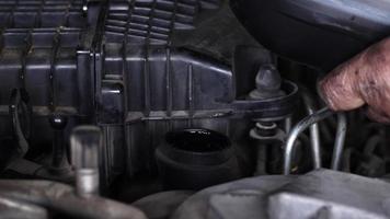 excelente mecánico vierte aceite nuevo en las imágenes del motor del automóvil.