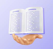 libro en mano. icono 3d de libro abierto para el concepto de aprendizaje o lectura. diseño de plantilla de infografía educativa con libro electrónico. ilustración vectorial vector