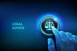 Labor law, Lawyer, Attorney at law, Legal advice concept. Closeup finger about to press a button. Internet law and cyberlaw as digital legal services or online lawyer advice. Vecto illustration. vector