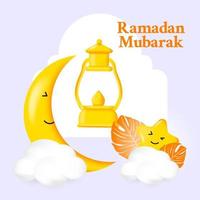 Illustration ramadan mubarak with cute moon, lantern and stars cartoon vector