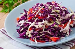 Salad of red and white cabbage and sweet red pepper, seasoned with lemon juice and olive oil in wooden bowl photo
