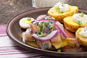 Herring salad with onion and green apple photo