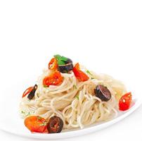 Spaghetti with tomato and olives photo