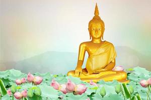 Buddha statue. background blurred flowers and sky with the light of the sun. photo
