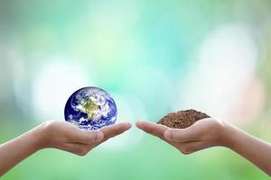 Human hand holding  tree and world on blurred nature background.World environment day. photo