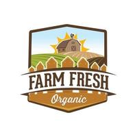a square natural emblem logotype on white background depicting a barn and farm field that looks fresh and natural for organic food logo product label vector