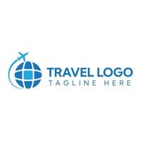 This logo for travel agency depicts a simple image of an airplane flying and encircling an abstract globe in blue color.