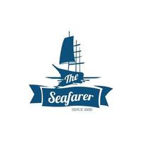 a simple sea related logo depicts a blue ship in sailing sea in retro vintage style for label for ocean theme businesses vector